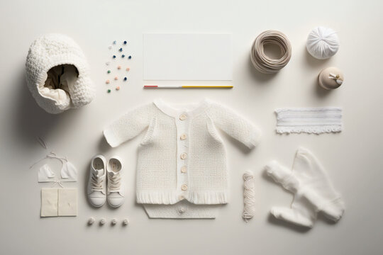 Newborn accessories on white background, ai generated