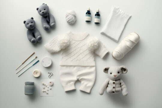 Newborn accessories on white background, ai generated