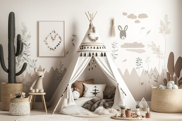 a mock up of a wall in a child's room with a neutral, Scandi Boho inspired décor