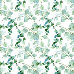 Seamless watercolor pattern - a composition of green leaves and branches of eucalyptus on a white background, suitable for the design of wrappers, wallpapers, postcards, greeting cards, wedding invita