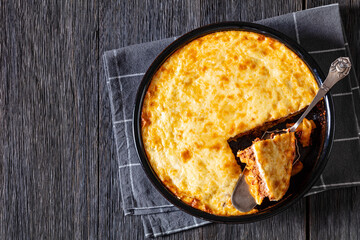 Greek Pastitsio in baking dish, top view