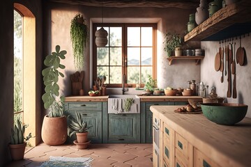 Elegant chic bohemian kitchen with natural materials. Wooden kitchen cabinet, concrete countertop, plaster walls, concrete floor. Scandinavian Boho interior with beautiful landscape view