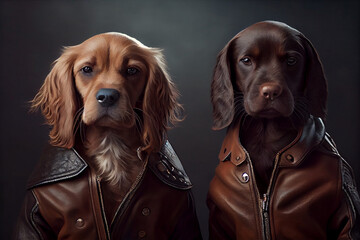 Two dogs - bikers, dressed in leather jackets. Portrait generated by artificial intelligence.
