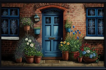 blue front door of house in large brick house with flowers in pots .Generative AI