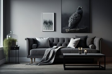 Grey interior with stylish upholstered sofa