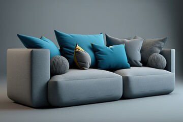 Grey sofa and blue pillows isolated with clipping mask