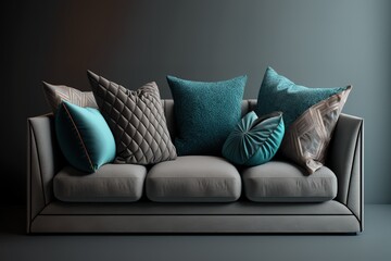 Grey sofa and blue pillows isolated with clipping mask