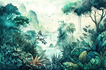 Fototapeta na wymiar Watercolor pattern wallpaper, digital painting of the Amazon forest landscape, generative AI