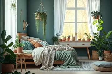 Cozy bedroom interior in boho style with wooden furniture, console table, textiles, green walls, large windows and potted plants .Generative AI