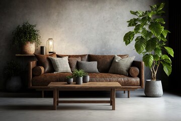 Brown sofa and a wooden table in living room interior with plant,concrete wall