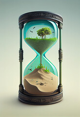 The oasis in the hourglass flows to the desert to represent the concept of environmental protection.