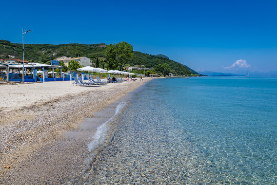 Beach in Moraitika on Ionian Sea shore, Corfu Island, Greece