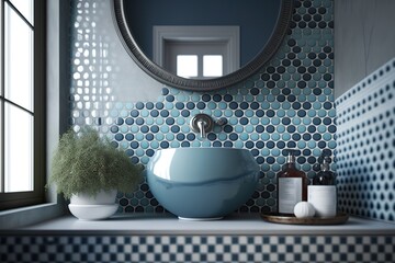 Sink in bathroom with tiled wall