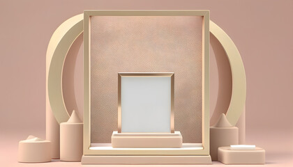 Fototapeta na wymiar AI Generated, 3D podium with rectangle frame in beige color.