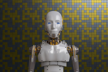 White woman robot on blurred background using digital network connection 3D rendering
