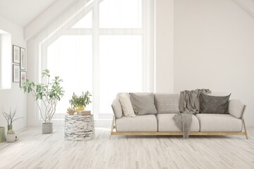 White living room with sofa. Scandinavian interior design. 3D illustration