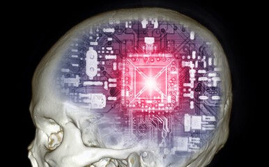 The CPU in the Skull  for Artificial Intelligence or AI concept.3D rendering.