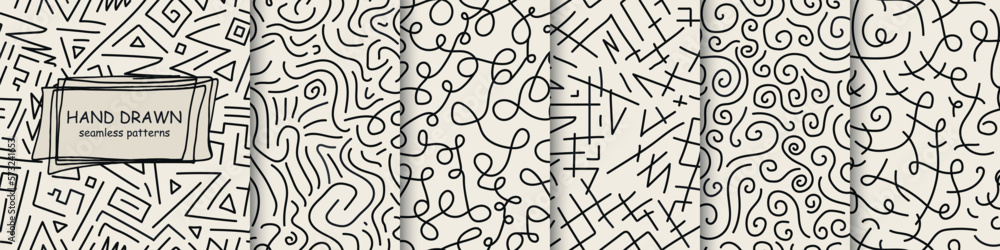 Poster Collection of monochrome drawing seamless patterns - doodle style. Vector trendy beige unusual backgrounds. Textile endless prints