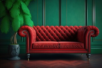 Red chesterfield sofa with green wallpaper background