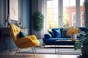 Living room with blue sofa and yellow armchair