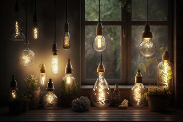 Fototapeta na wymiar Set of various light bulbs in stylish space