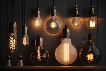 Set of various light bulbs in stylish space