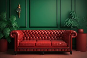 Red chesterfield sofa with green wallpaper background