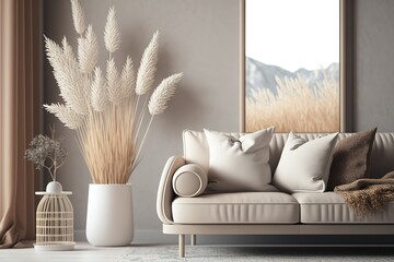 Scandinavian style living room interior mock up, modern living room interior background, beige sofa and pampas grass, 3d rendering