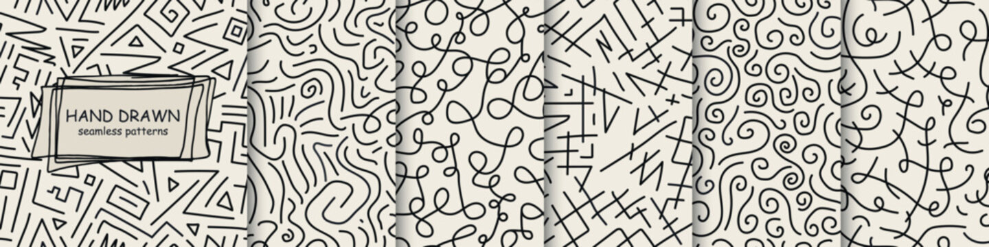 Collection of monochrome drawing seamless patterns - doodle style. Vector trendy beige unusual backgrounds. Textile endless prints