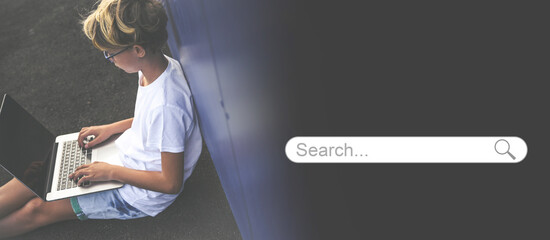 Searching data on internet concept. Working at laptop outdoor. Finding information online Search bar