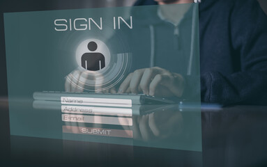 Man sign up and login. Registration, enter, sign in, membership concept. Personal data acquisition.