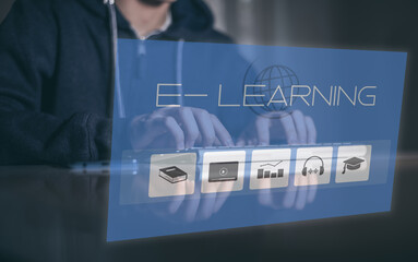 E-learning, education, study online concept. Boy typing on keyboard. Elearning on virtual display.