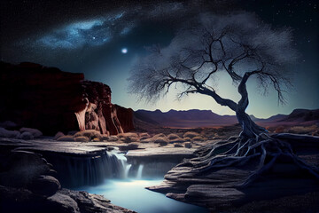 Dry tree in the middle of the desert under the stars with waterfall in winter landscape background,  night light,  AI Generative  illustration