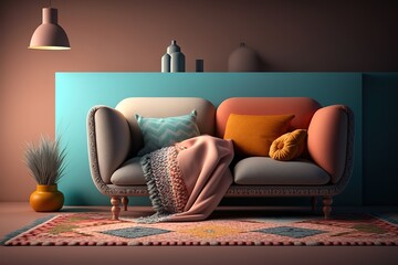 Stylish sofa and carpet on color background