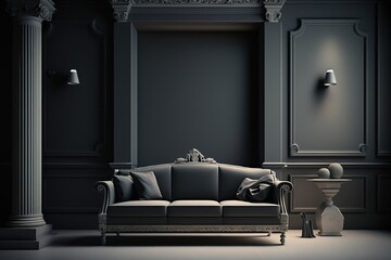 The interior has a sofa on empty dark wall background