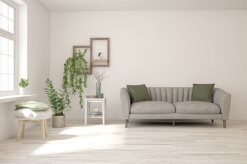White living room with sofa. Scandinavian interior design. 3D illustration