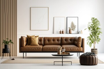 Wall mockup in modern living room design, brown leather sofa with black home accessories on white minimal background, 3d render