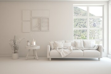 White minimalist living room with sofa. Scandinavian interior design. 3D illustration