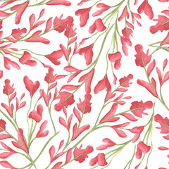 Abstract red or pink leaves twigs autumn seamless pattern watercolor