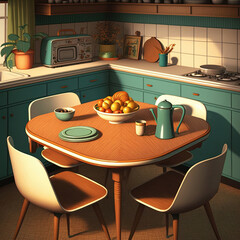 Kitchen interior design in modern mid century style. Generative AI