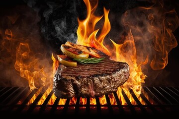 Barbecue Party. Juicy grilled meat. Grilling Steak on a Fire Grill (Generative AI)