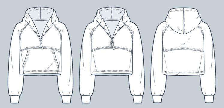 Raglan sleeve Hoodie technical fashion illustration. Hooded Sweatshirt fashion flat technical drawing template, cropped, zip-up, raw, oversize, front, back view, white, women, men, unisex CAD mockup.