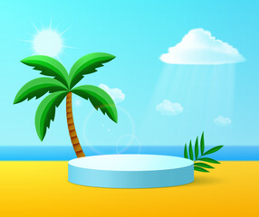 Round podium for your product on summer bright vector background with sea, sand, palm sun and clouds.
