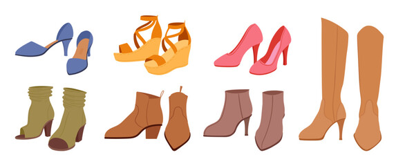 Cartoon female footwear. Modern heeled shoes, ankle boots and platform shoes. Fashion shoes, casual footwear flat vector illustrations set