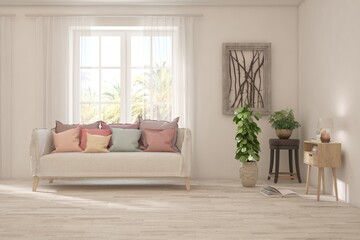White living room with sofa and summer landscape in window. Scandinavian interior design. 3D illustration
