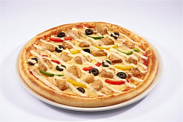 pizza chicken ranch, ranch sauce. with bell pepper vegetables delicious tasty fast food on white dish and isolated background