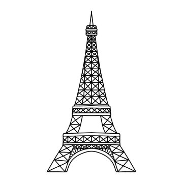 Eiffel Tower in hand drawn doodle style. Vector illustration isolated on white background.