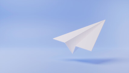 Paper plane icon, white paper folded into shape on light blue backdrop, isolated with shadow. 3d rendering