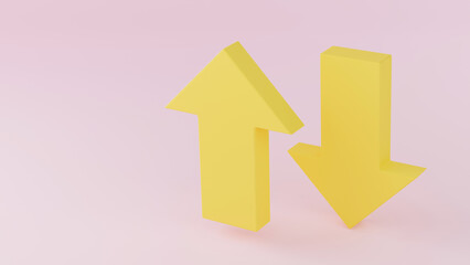 Yellow arrow on pink background. Arrow icon, isolated with shadow. 3d rendering