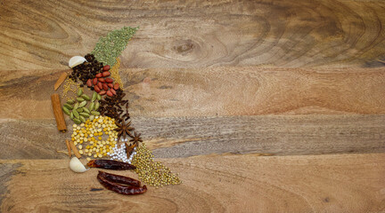 indian spices on an wooden plate, top view, copy space